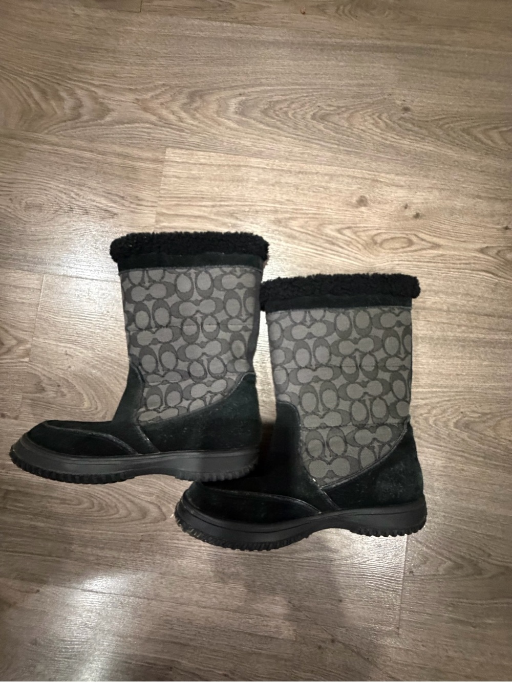 Coach Gray Logo-Pattern Mid-Calf Winter Boots with Black Trim